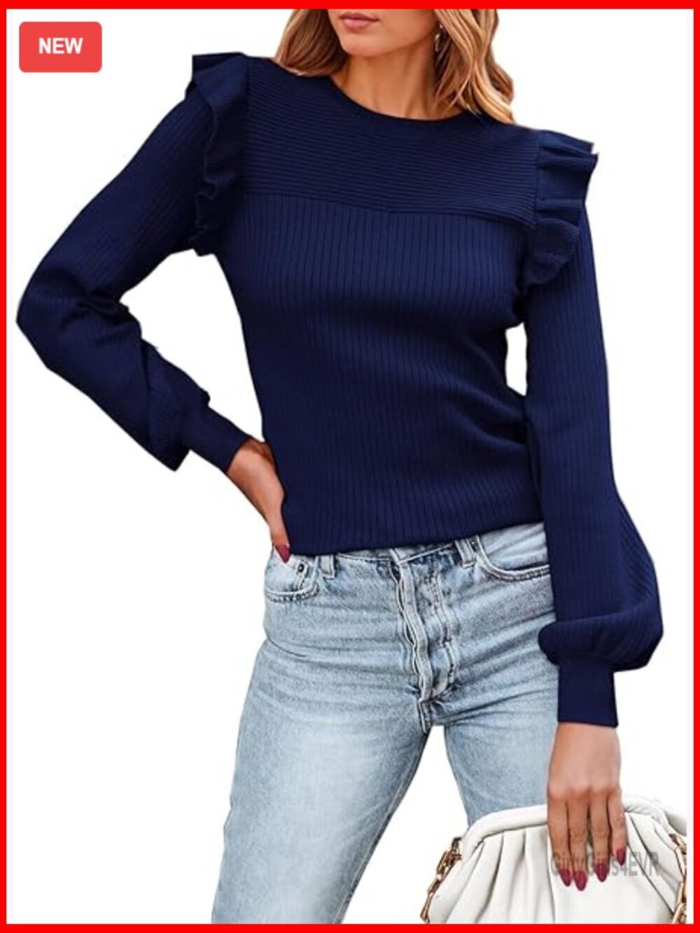 Ruffle Long Sleeve Crew Neck Lightweight Ribbed Knit Pullover Sweater